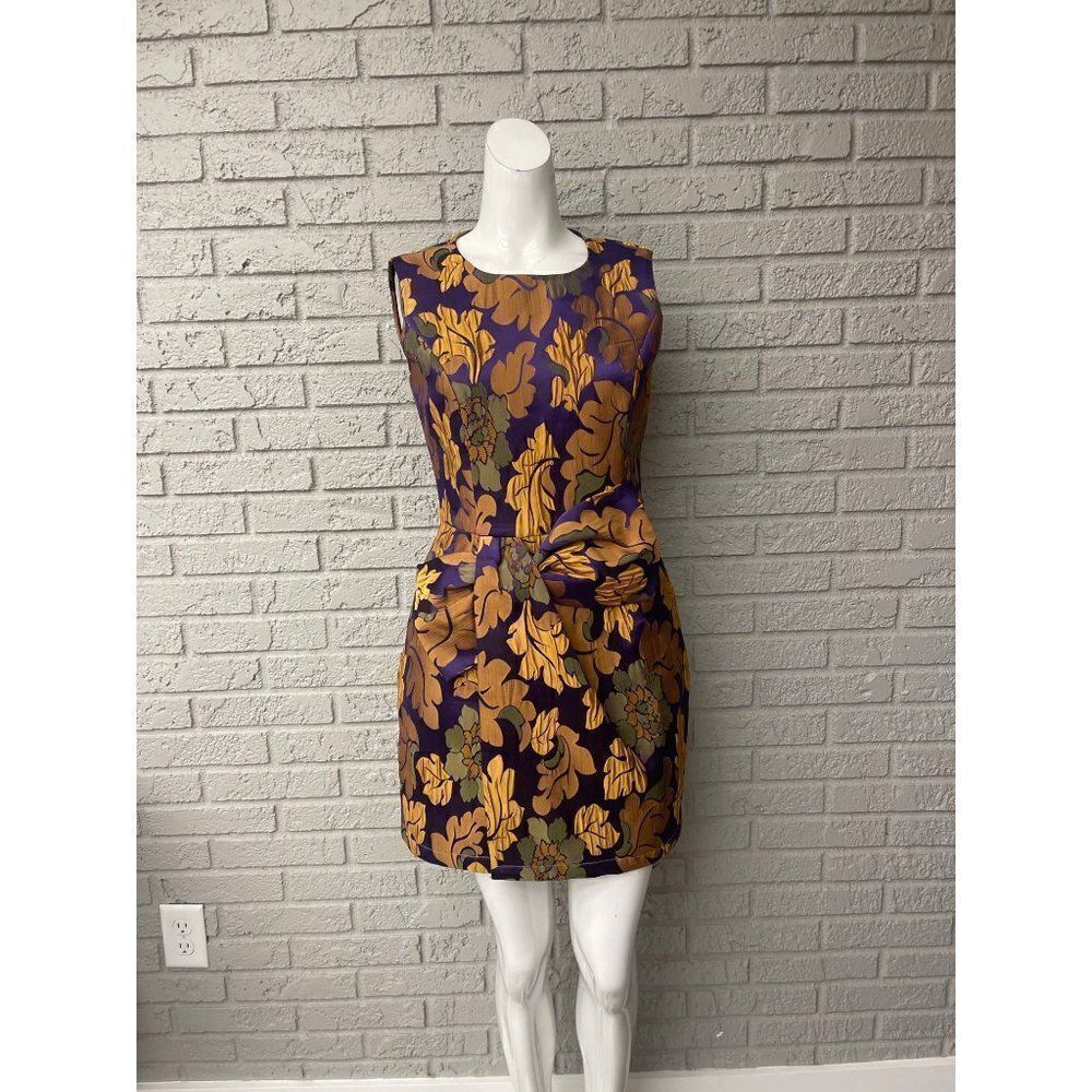 Purple Gold Floral Jacquard Bow Front Mini Dress Size 4